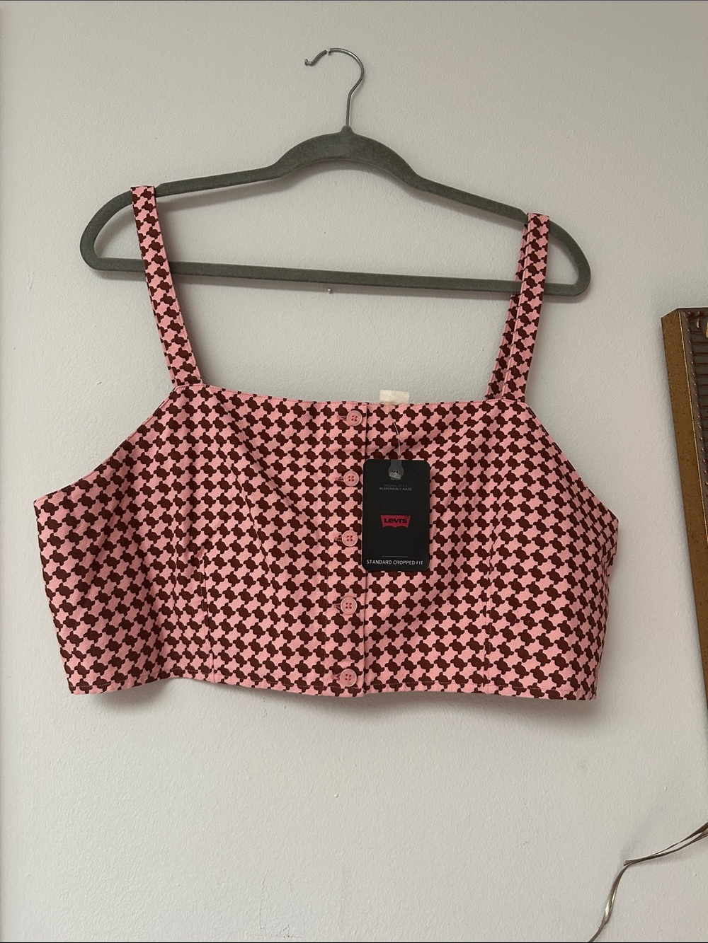 top LIVE'S XL Pink Houndstooth Button-Front Crop Tank Top - Picture 1 of 7